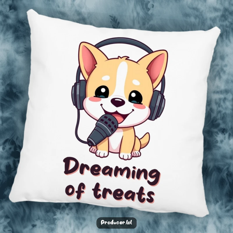 Funny pillow featuring a happy dog wearing a headset and microphone, ready to host or sing, for comfort.
