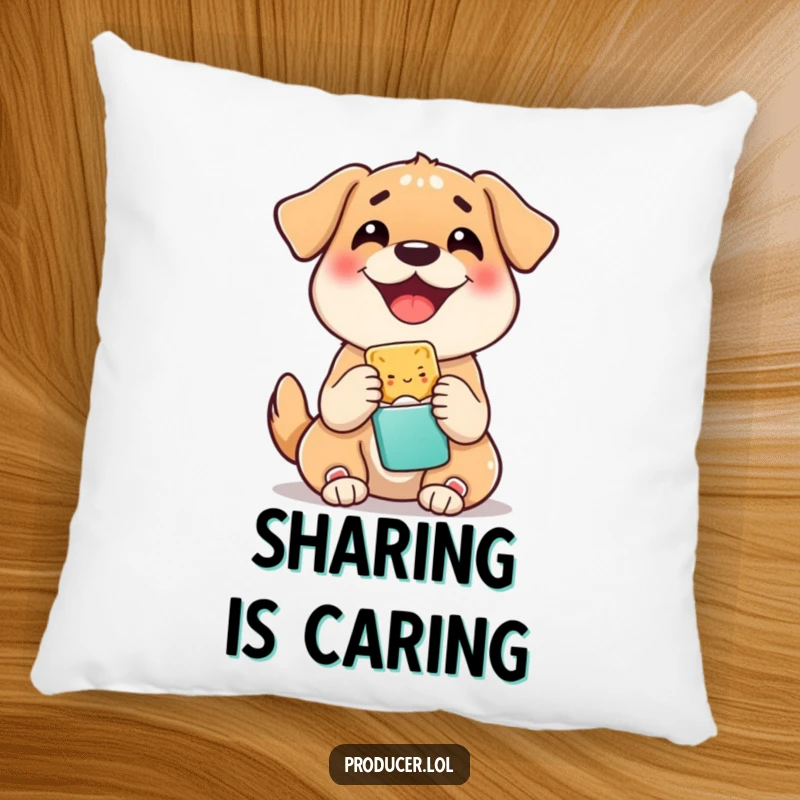 Funny pillow featuring a happy dog sharing a snack, offering comfort and a dose of canine cheer, a cozy home accent.