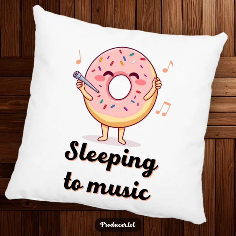 Funny donut conductor pillow, a soft cushion with a joyful sprinkle donut leading an orchestra, offering sweet comfort and humor.