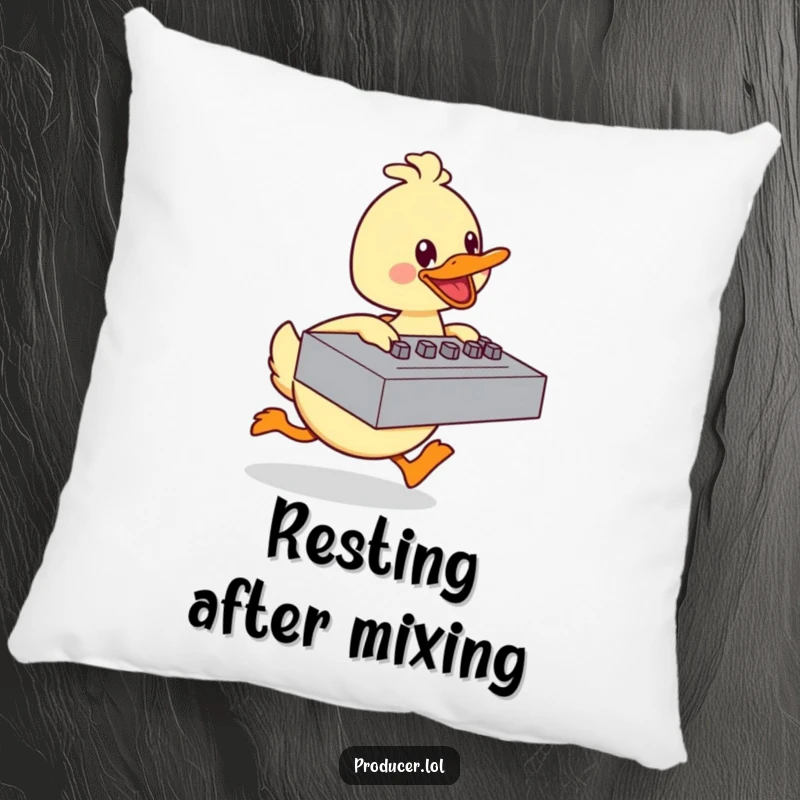 Funny duck pillow with a happy cartoon character energetically pushing a large mixing board, for cozy comfort and a humorous baking accent.