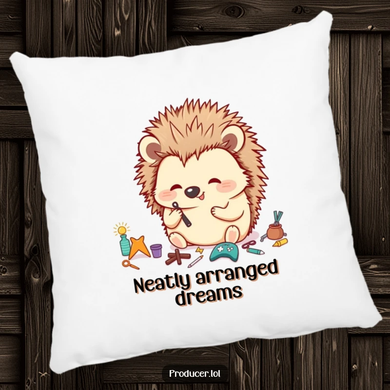 Funny Hedgehog Pillow showing a happy hedgehog meticulously organizing tiny props with a focused look, comfortable funny gift.