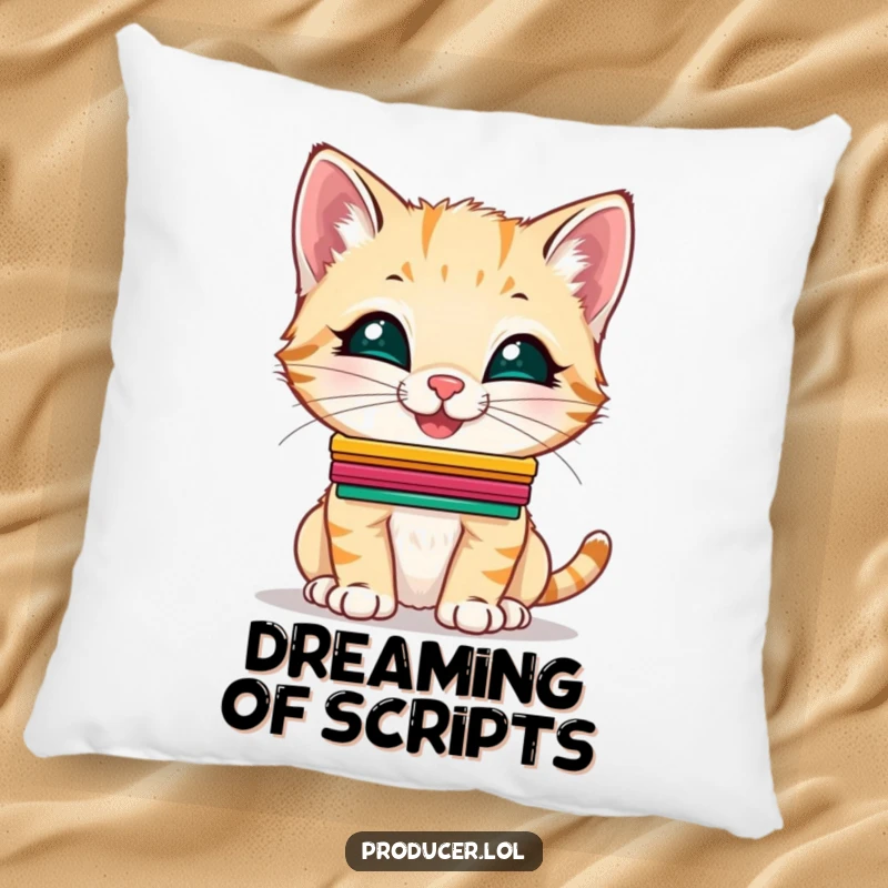 Funny Kitten Pillow: A giggling kitten balancing cue cards on its nose, perfect for a humorous and cozy rest.