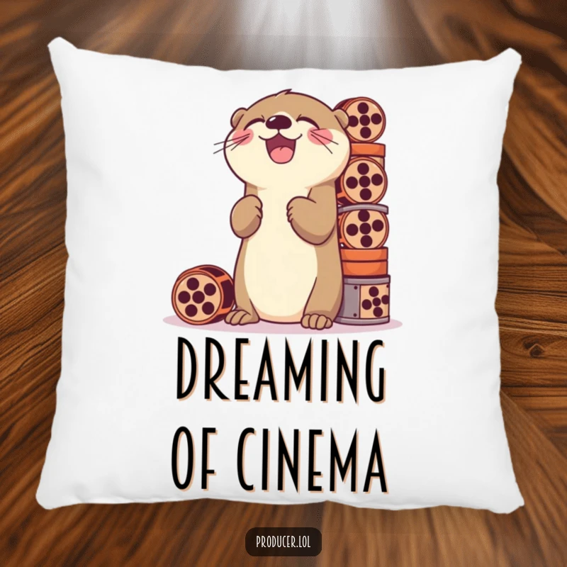 Funny pillow featuring a playful otter laughing heartily while stacking a tall pile of film reels, perfect for cozy, humorous relaxation.