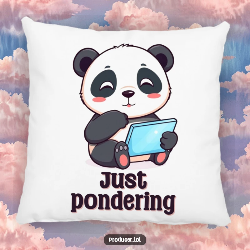 Funny playful panda tapping its chin thoughtfully while holding a glowing tablet, soft decorative pillow, humorous accent for relaxation.