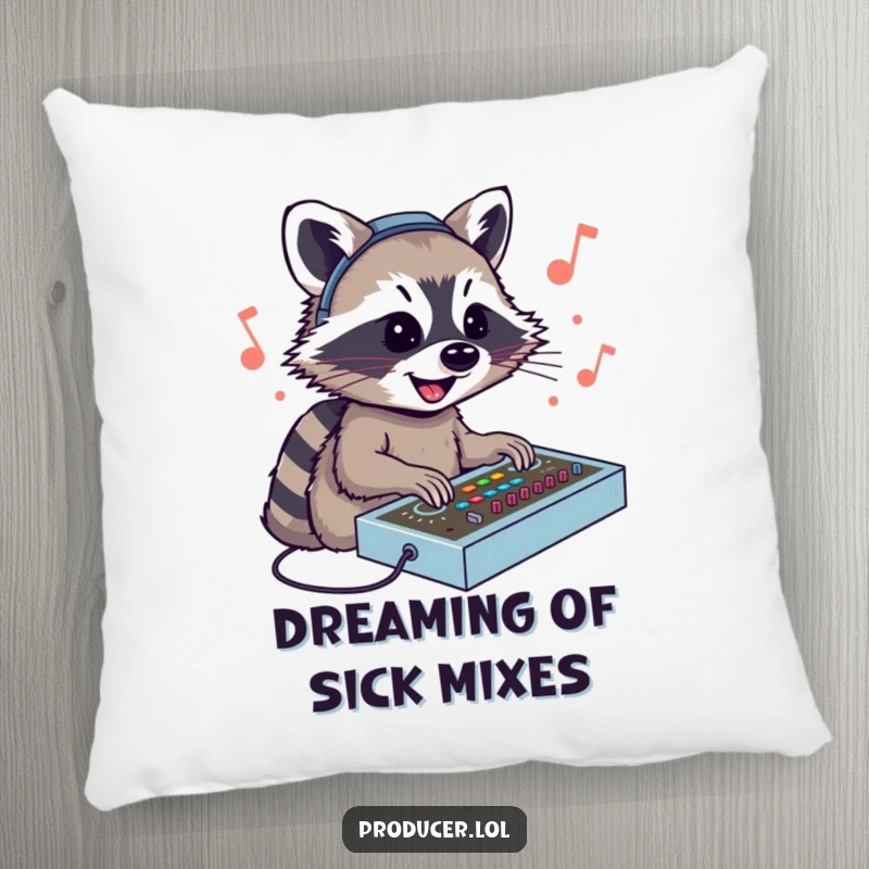 Funny Raccoon DJ Pillow: A smiling raccoon enthusiastically mixing sounds at a console, adding comfort and humor to any space.
