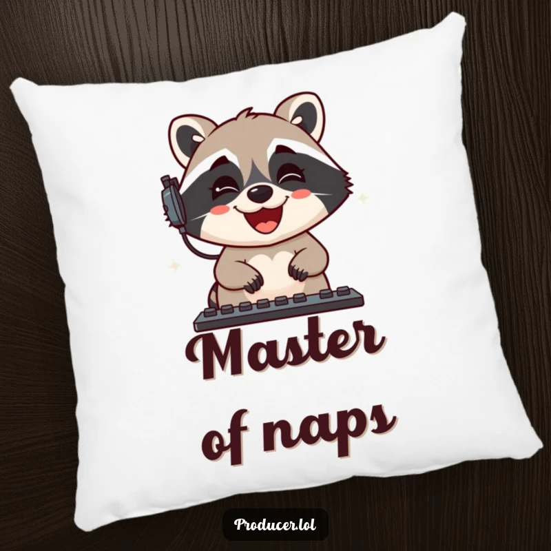 Funny Raccoon Pillow: A plush cushion displays a grinning raccoon gleefully mixing sound levels, perfect for cozy listening sessions.