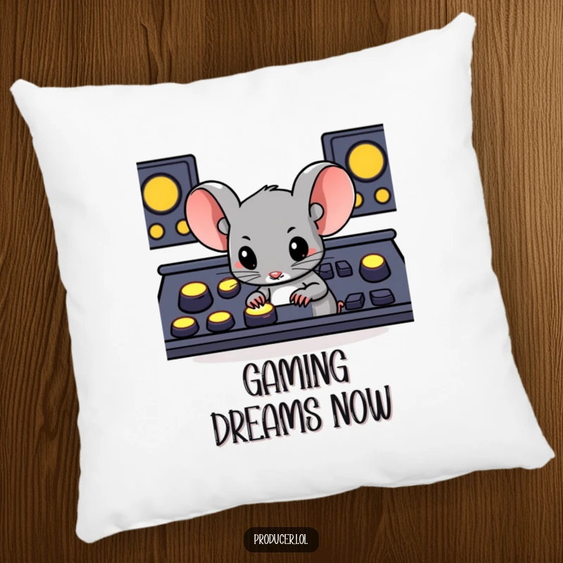 Funny determined mouse pressing large glowing buttons on a console, a soft and humorous accent pillow for ultimate comfort.