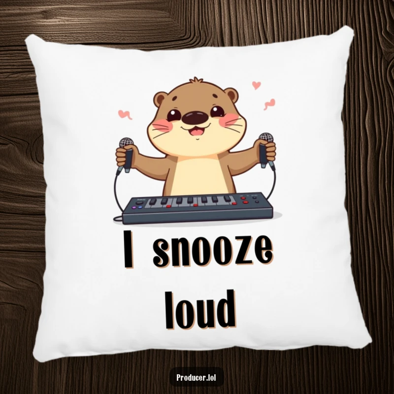 Funny otter DJ character pillow, depicted juggling microphones and a soundboard, offering plush comfort and musical charm.