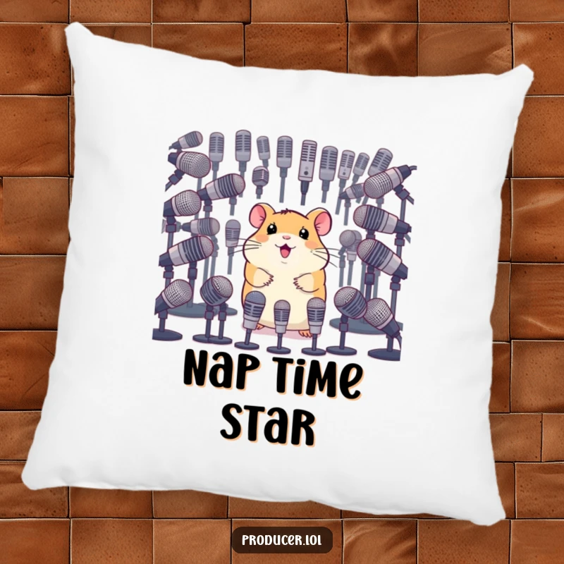 Funny pillow featuring a happy hamster looking over an array of microphones, designed for cozy, humorous appeal for performers.