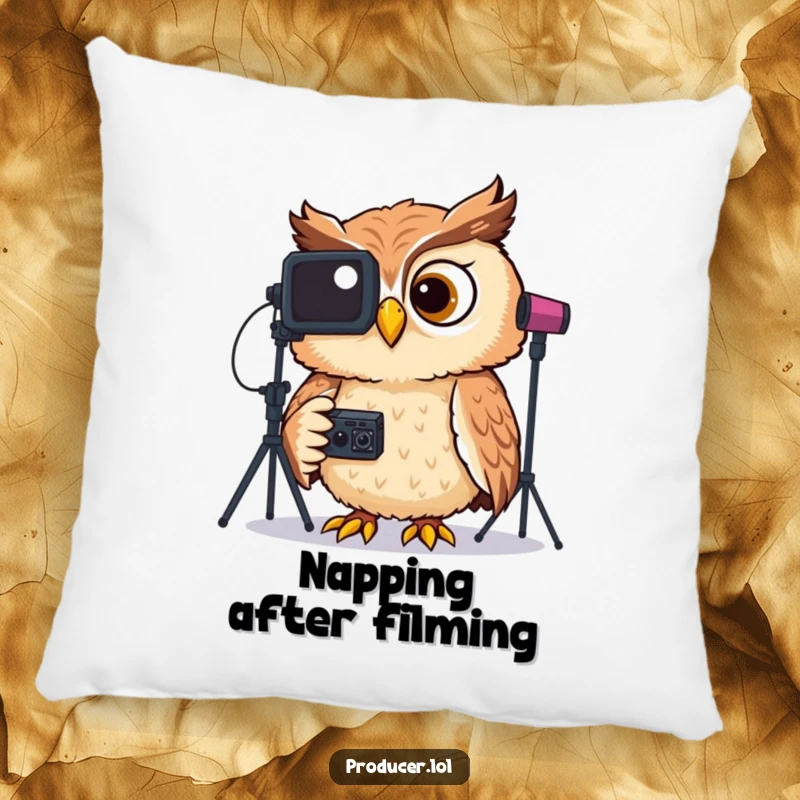Funny decorative pillow with a smiling, giggling owl wearing headphones, intently reviewing video footage on a studio monitor.