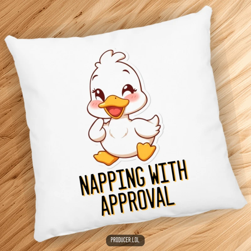 Funny duck pillow with a cheerful duck giving a wink and a nod, offering comfort and a humorous decoration.