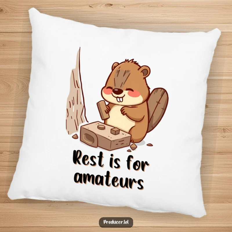 Funny Beaver Pillow showing a busy beaver enthusiastically hammering a miniature set piece, a comfortable funny gift.