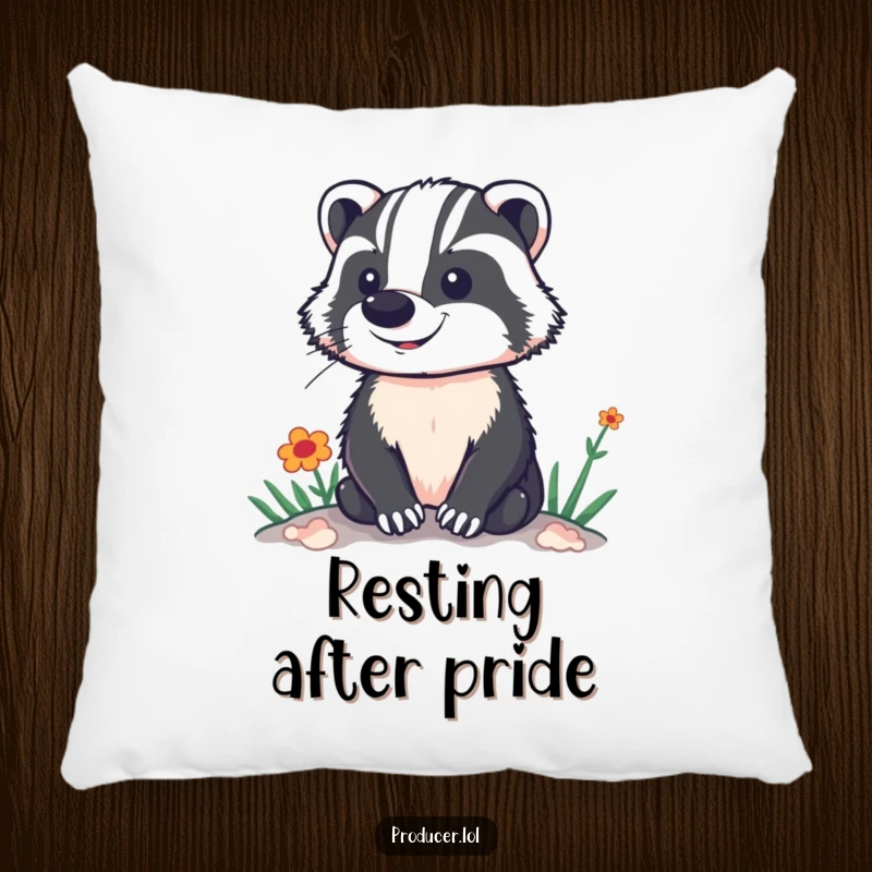 Funny decorative pillow with a proud badger standing tall, overlooking a brightly lit and colorful stage or vibrant set.