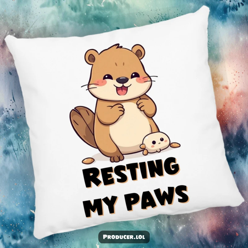 Funny Beaver Pillow: A plush cushion featuring a happy beaver energetically building a complex structure, perfect for relaxation.