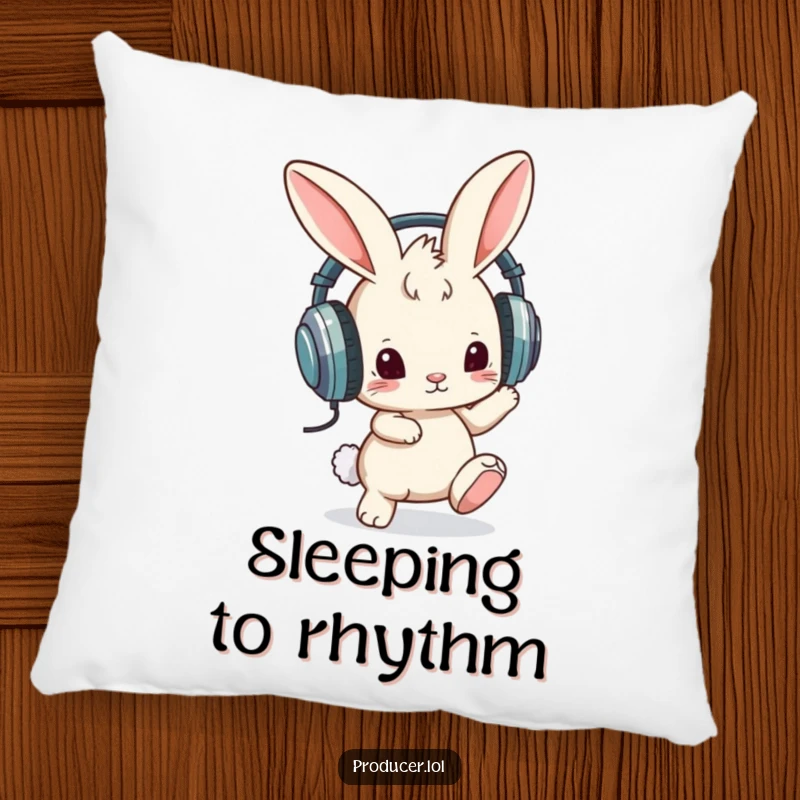 Funny pillow with a curious bunny wearing oversized headphones and tapping its foot, offering soft comfort and a humorous musical vibe.
