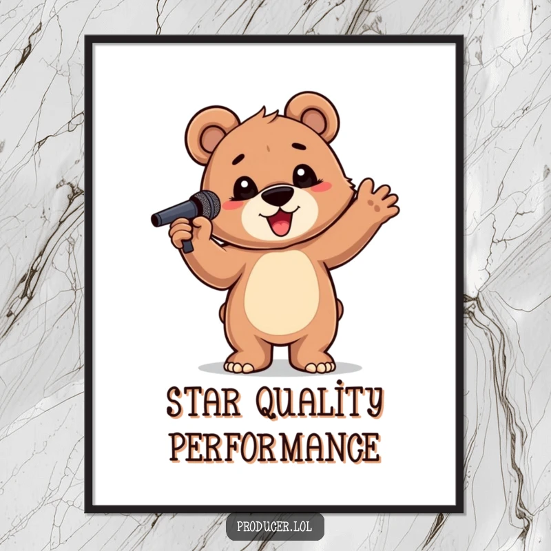 Funny Bear Cub Art Print: A proud bear cub with a microphone, striking a dramatic pose, ready for instant digital download.