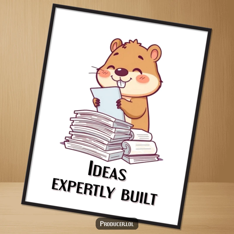 Funny beaver character diligently sorting scripts, captured in a vibrant digital art print, smiling with contentment.