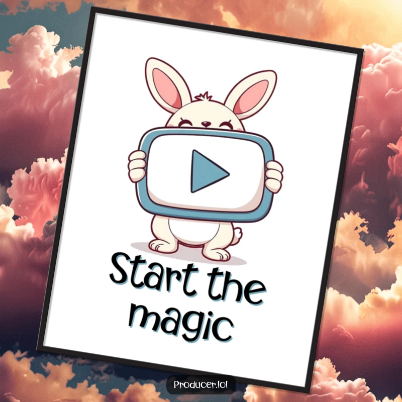 Funny determined bunny holding a giant PLAY button, depicted as a vibrant digital art print for gamers.