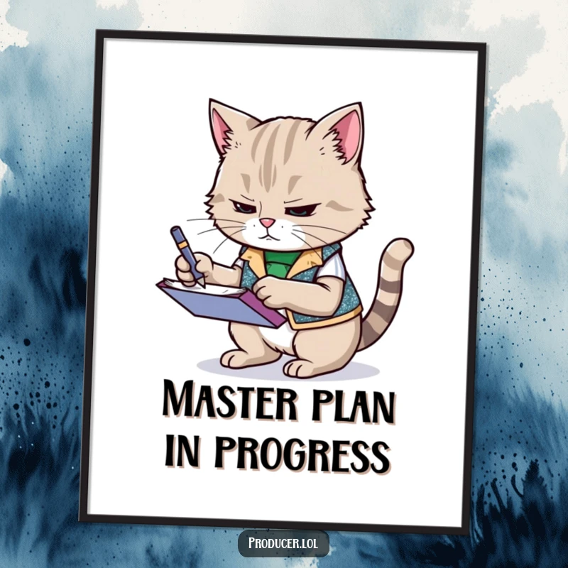 Funny cat wearing a sparkly vest, frantically scribbling notes on a notepad, digital art print, humorous illustration for instant download.