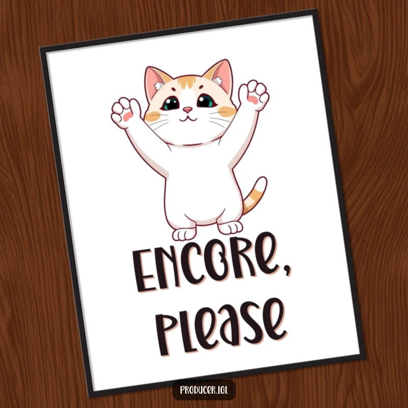 Funny cat digital art print of a cat in a standing ovation, perfect for instant, humorous wall decor.