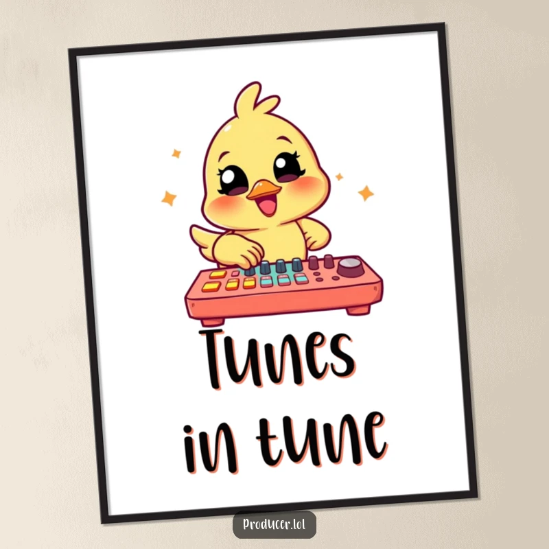 Funny Chick Producer Digital Art Print: A cheerful chick happily tapping on a large, colorful mixing board, symbolizing music creation.
