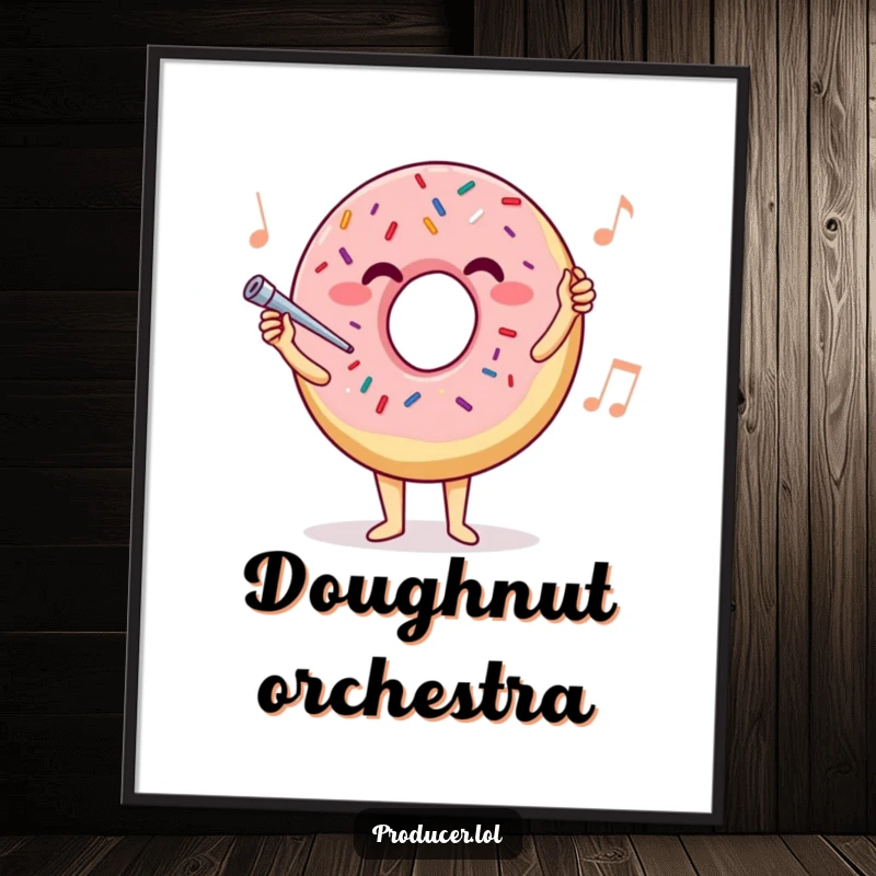 Funny donut conductor digital art print, a joyful sprinkle donut leading an invisible orchestra, adding musical charm and sweetness.