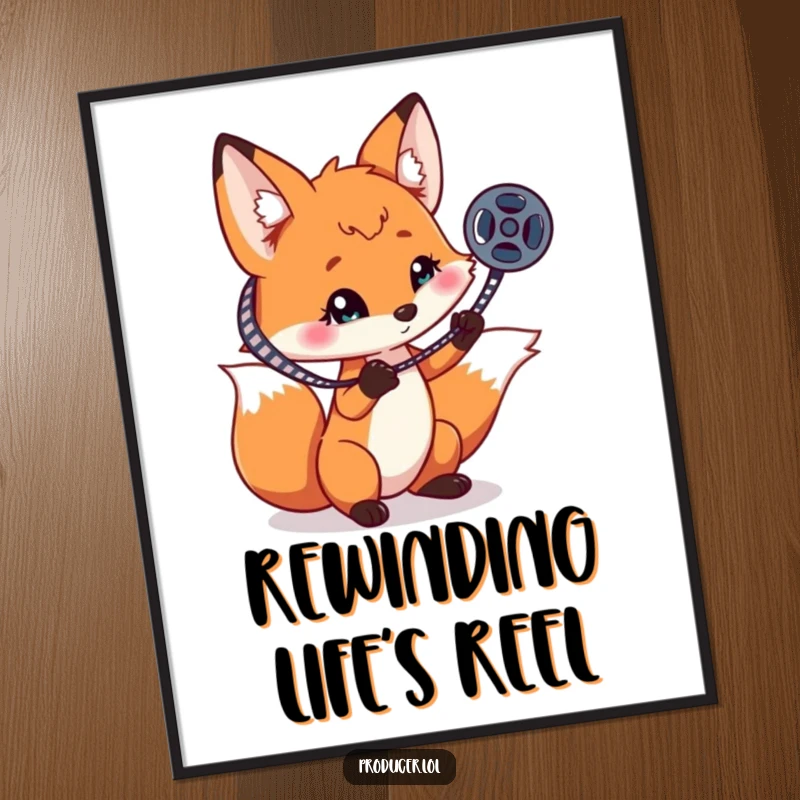 Funny playful fox spinning a film reel on one claw, a digital art download for humorous and whimsical decor.