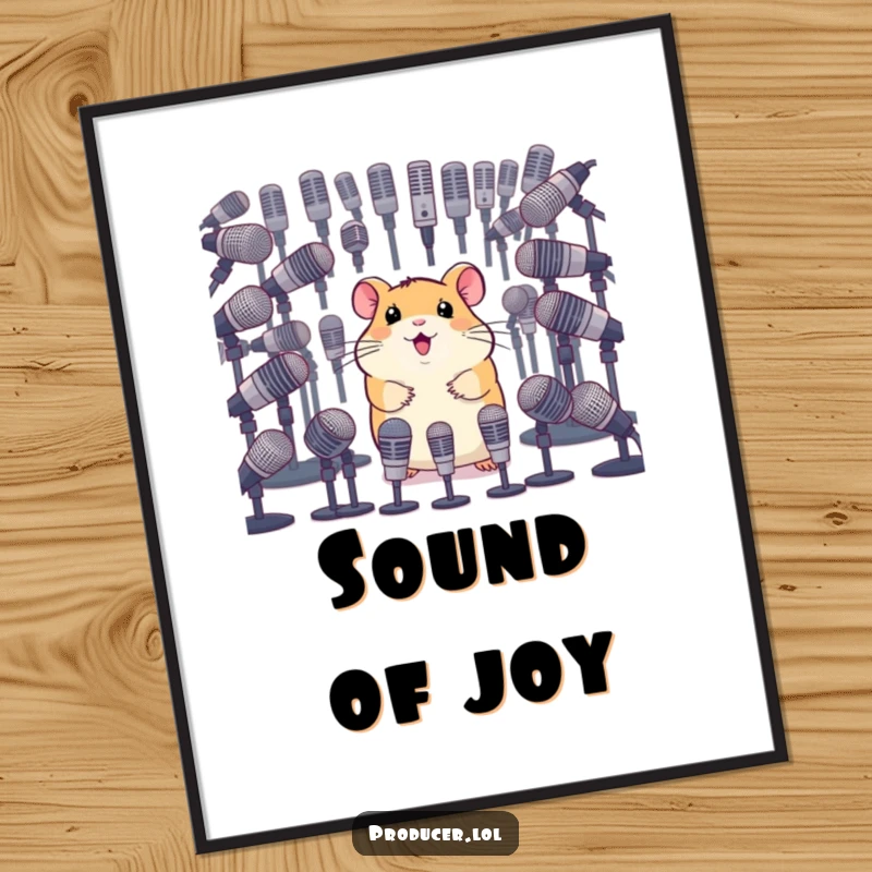 Funny digital art print of a happy hamster surveying a vast array of microphones, perfect for inspiring ambitious creators.