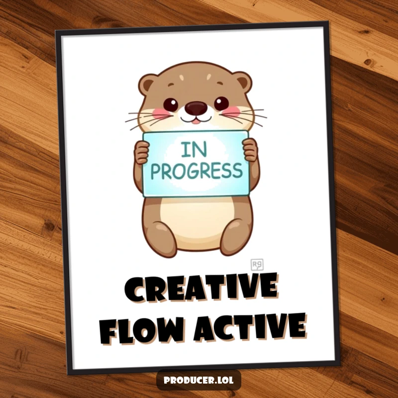 Funny otter digital art, beaming otter, 'In Progress' sign, motivational artwork, printable wall decor.