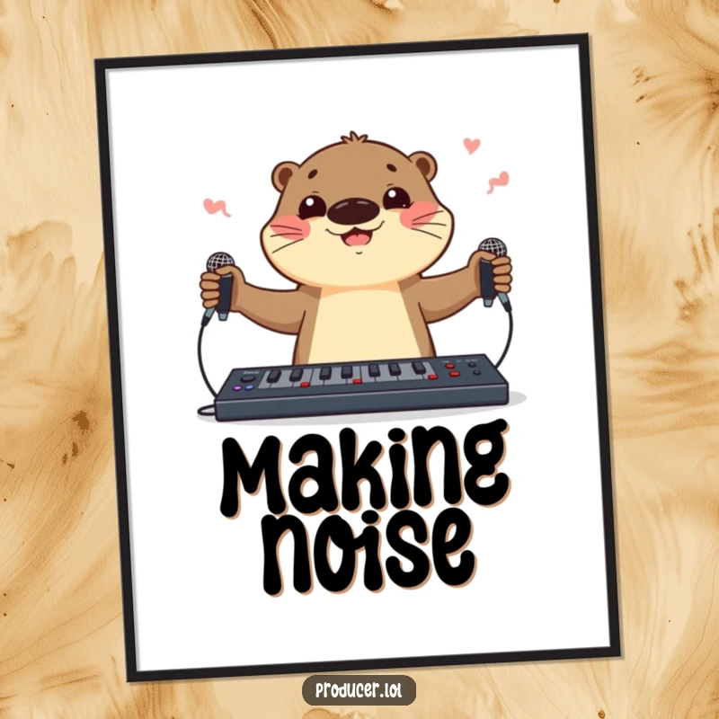 Funny otter DJ character digital art print juggling microphones and a soundboard, offering instant musical vibes and playful, humorous decoration.