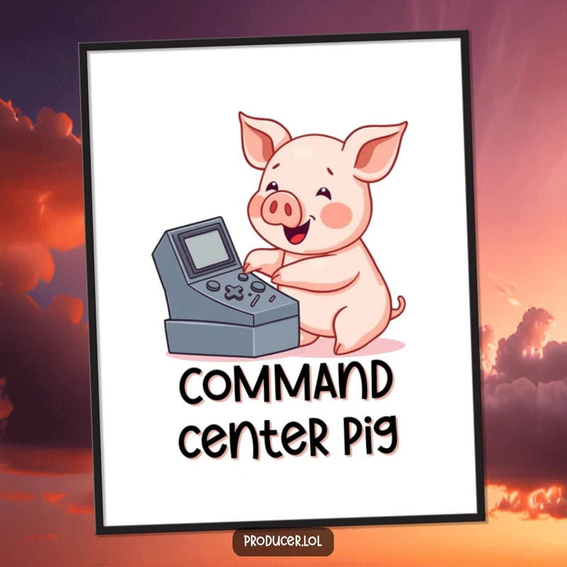 Funny pig console digital art print, friendly character enthusiastically pressing buttons, vibrant tech-themed decor.