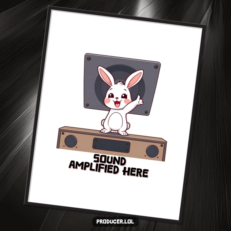 Funny bouncing rabbit character pointing at a booming speaker, radiating pure musical joy, ready to be printed as wall art.