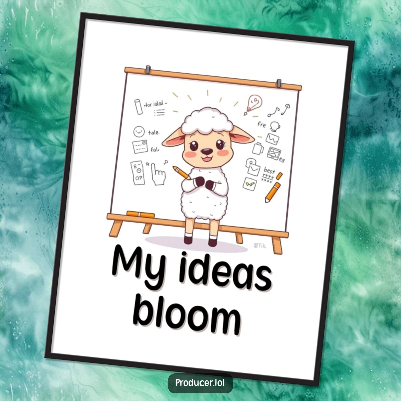 Funny Sheep Digital Art showing a little sheep enthusiastically sketching a new idea on a large whiteboard, printable humorous art, funny gift.