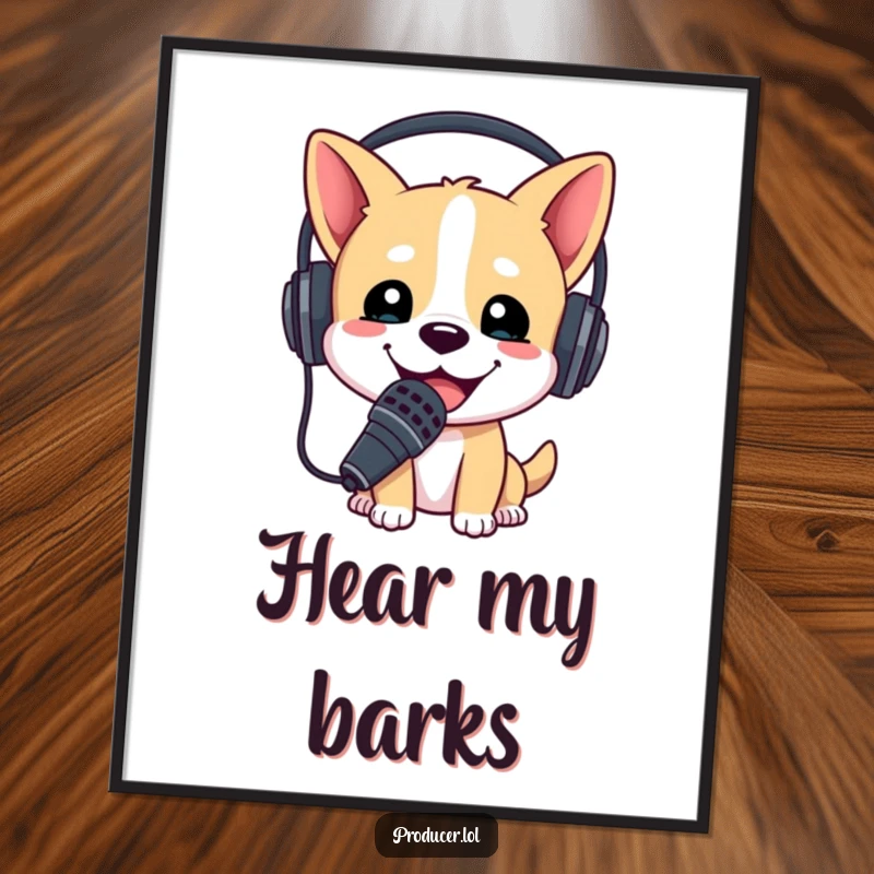 Funny digital art print of a happy dog wearing a headset and holding a microphone, ready to perform, for wall decor.