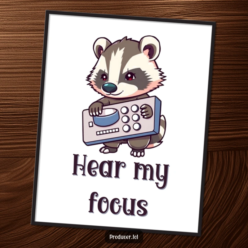 Funny badger digital art print, music producer theme, focused on mixing board, wall decor for studios, instant download.