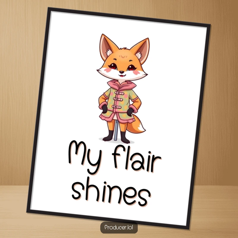 Funny Fox Digital Art showing a confident fox designing a colorful costume on a mannequin with a flourish, printable humorous art, funny gift.