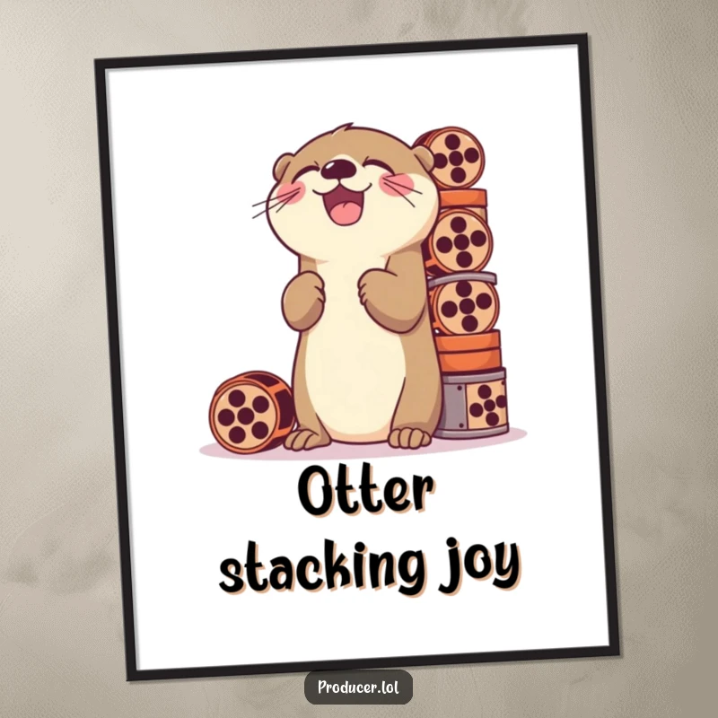 Funny digital art print of a playful otter laughing while stacking a tall pile of film reels, perfect for adding cinematic humor.