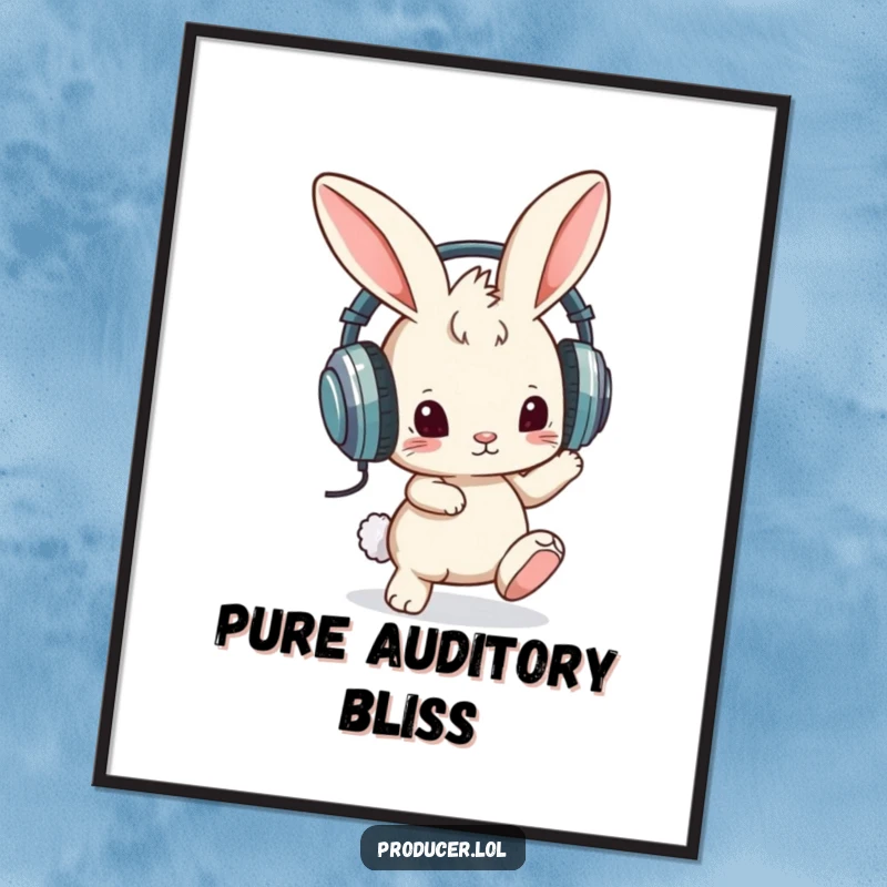 Funny digital art print of a curious bunny wearing oversized headphones and tapping its foot, ideal for humorous and musical wall decor.