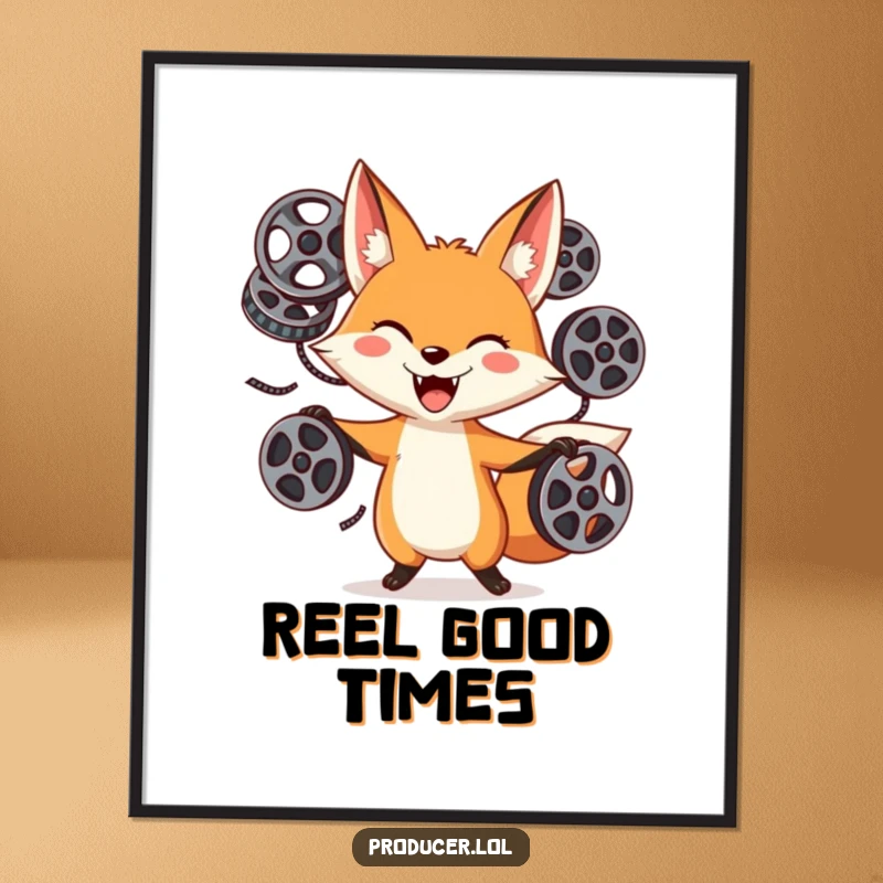 Funny Fox Juggling Digital Art: A playful fox with a goofy grin juggles film reels, creating a fun and cinematic atmosphere for your decor.