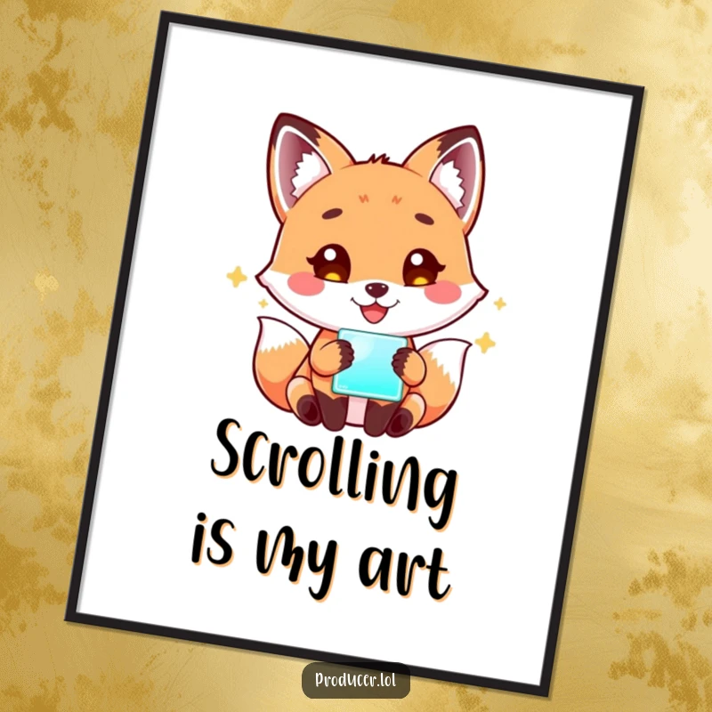 Funny Fox Tech Digital Art Print: A playful fox radiates happiness while engrossed in a glowing screen, perfect for modern, humorous wall decor.