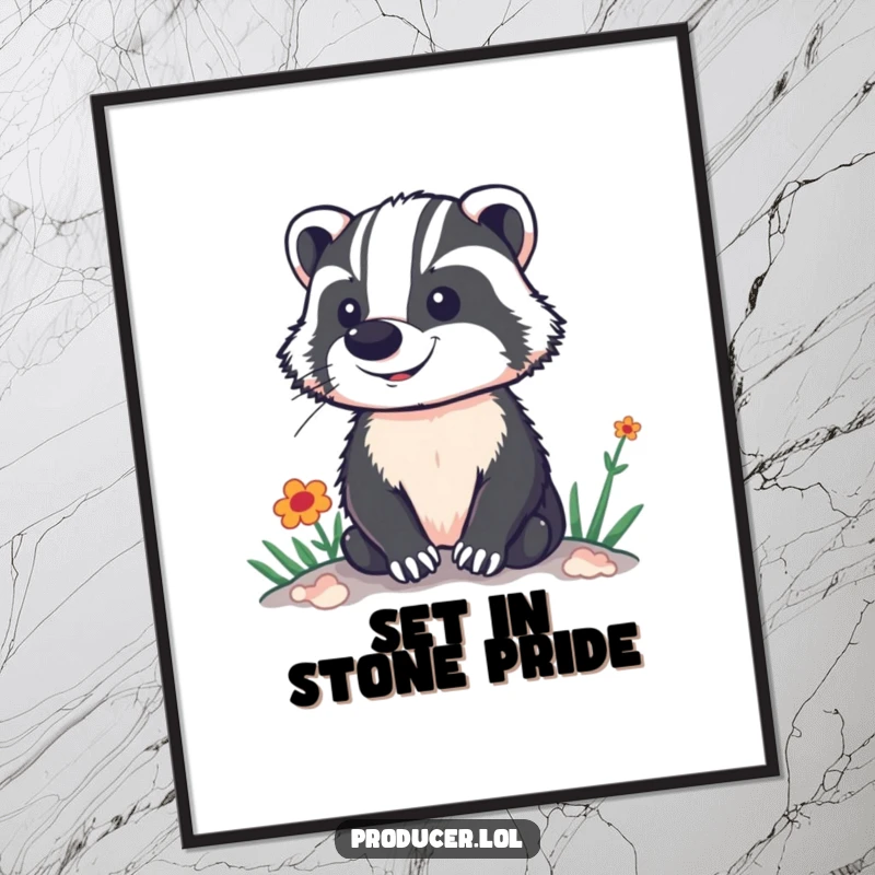 Funny digital art print of a proud badger standing confidently, overlooking a brightly colored and vibrant stage or performance set.