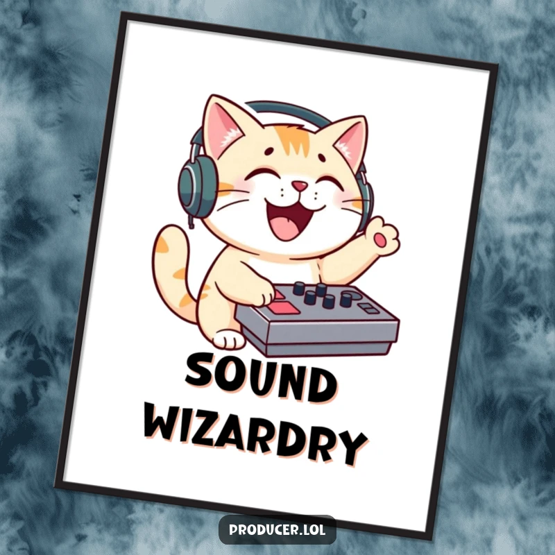Funny cat DJ digital art print, feline mixing music with headphones, energetic and fun wall decor.