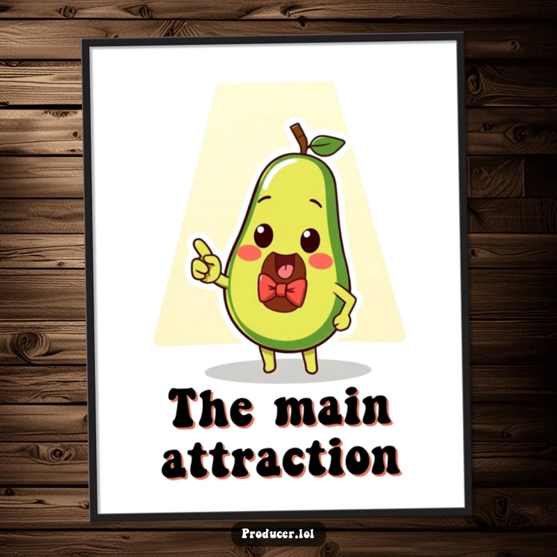 Funny avocado spotlight digital art print, a dapper avocado wearing a bow tie pointing at a spotlight, adding elegance and humor.