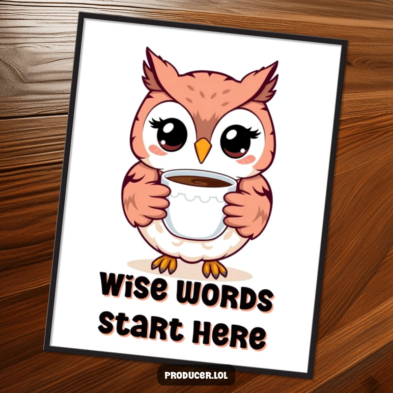 Funny Owl Digital Art Print: A happy owl with a wide smile offers coffee, a cheerful and humorous piece perfect for instant wall decor.