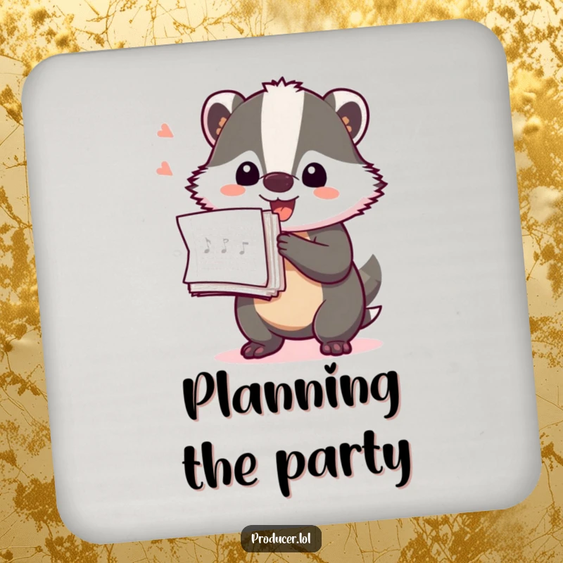 Funny Badger Producer Coasters: A playful badger holding a stack of production notes, protecting surfaces with charm.
