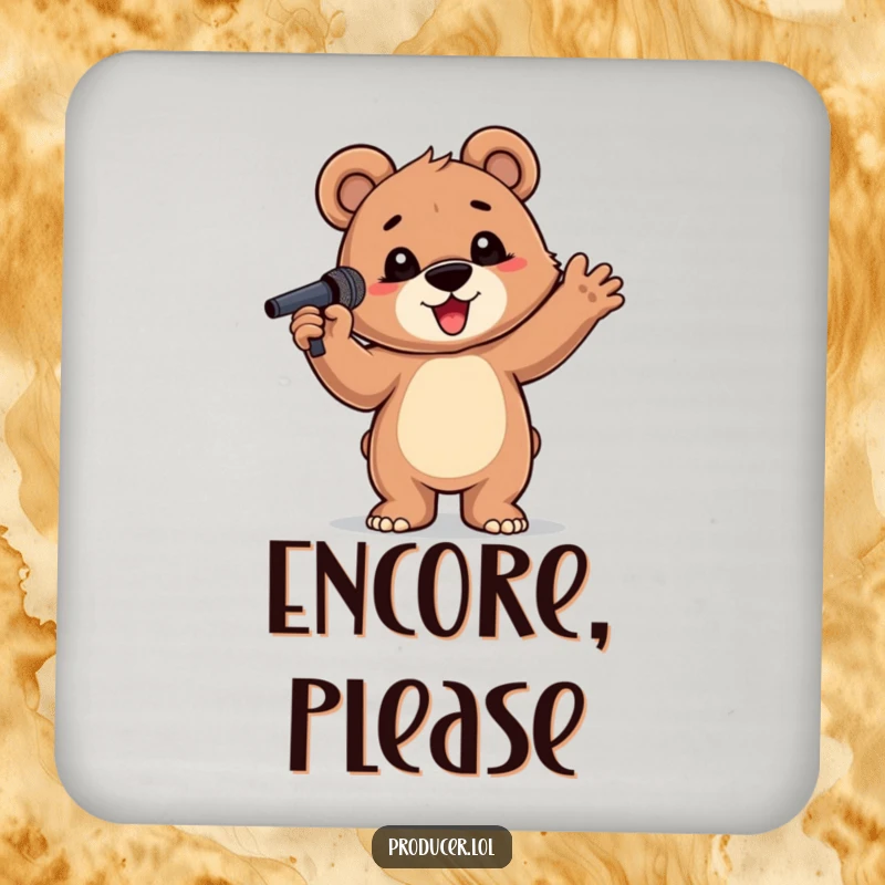 Funny Bear Cub Coaster: A proud bear cub with a microphone, striking a pose, protecting your surfaces with humor.