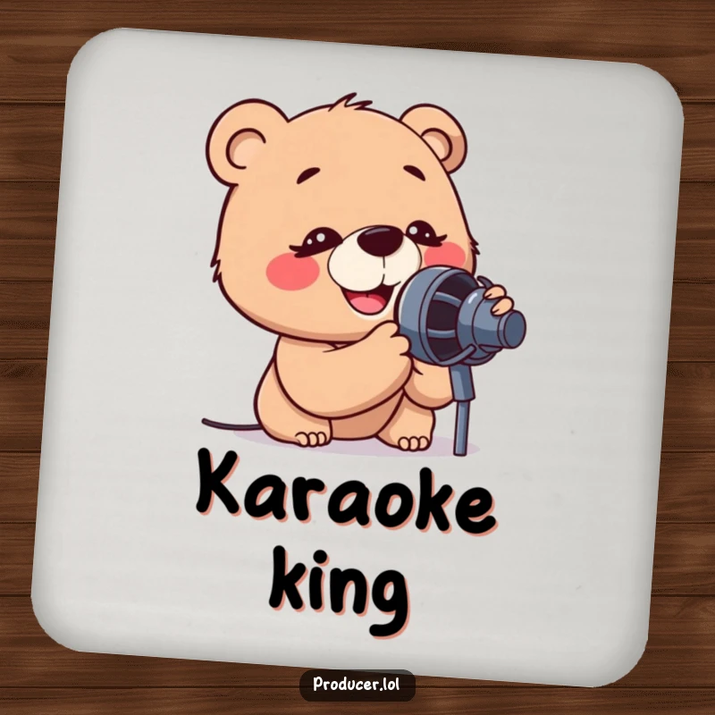 Funny drink coaster depicting a cartoon bear with intense, happy concentration, leaning into a microphone as if performing.