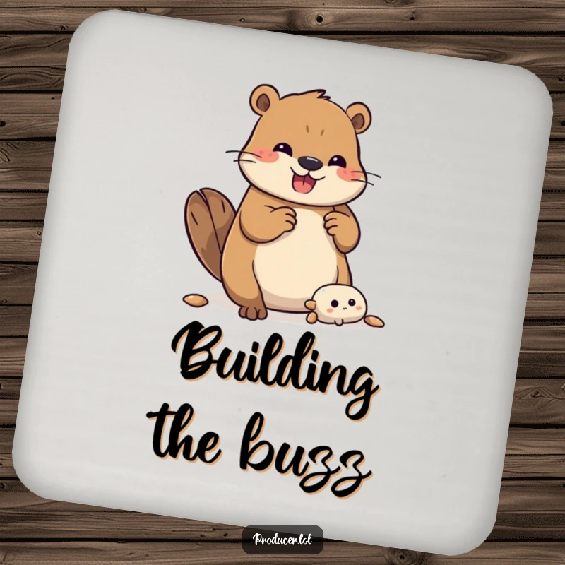 Funny Beaver Coaster: A happy beaver is depicted building a complex structure, protecting surfaces with humorous determination.
