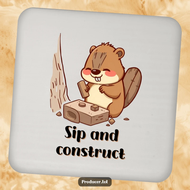 Funny Beaver Coaster showing a busy beaver enthusiastically hammering a miniature set piece, protecting surfaces, funny gift.