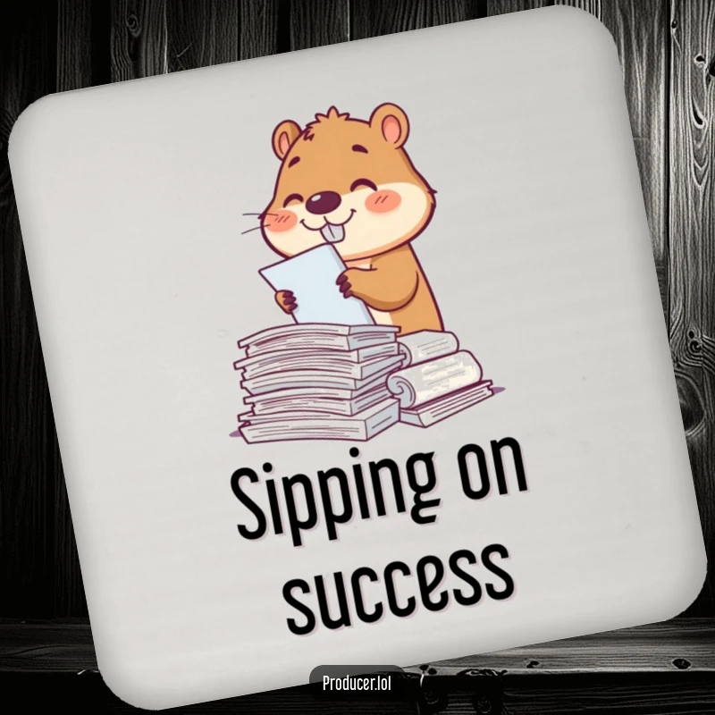 Funny beaver character protecting a table with a coaster, diligently sorting scripts, smiling.